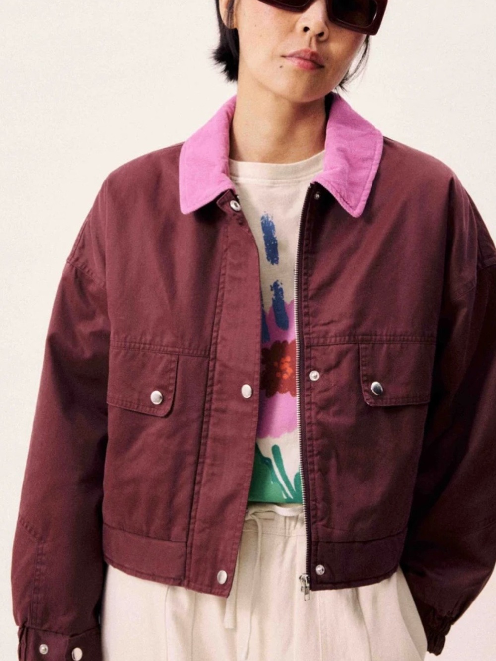 NWT FRNCH Paris Tigressa Cotton Canvas Utility Jacket Bordeaux Burgundy Pink M - Picture 1 of 14